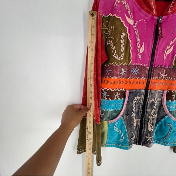 MPC Colorful Patchwork Embroidered Stitching Sip Front Hooded Jacket Artsy - Picture 15 of 17